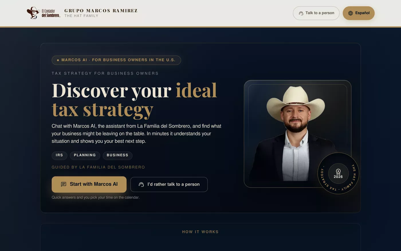 Marcos AI hero with portrait and gold CTAs