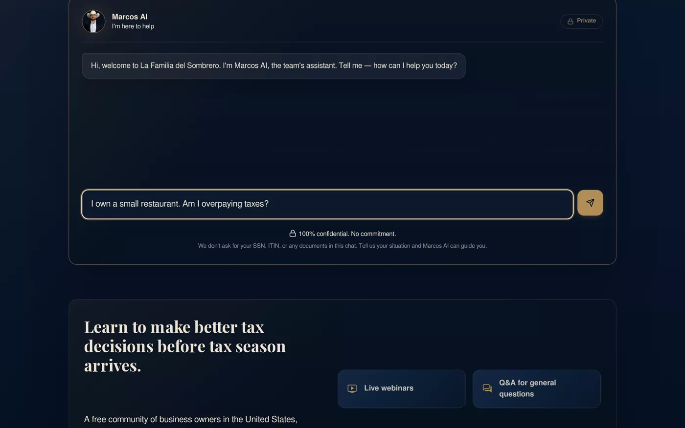 The embedded Marcos AI chat with a real question typed in