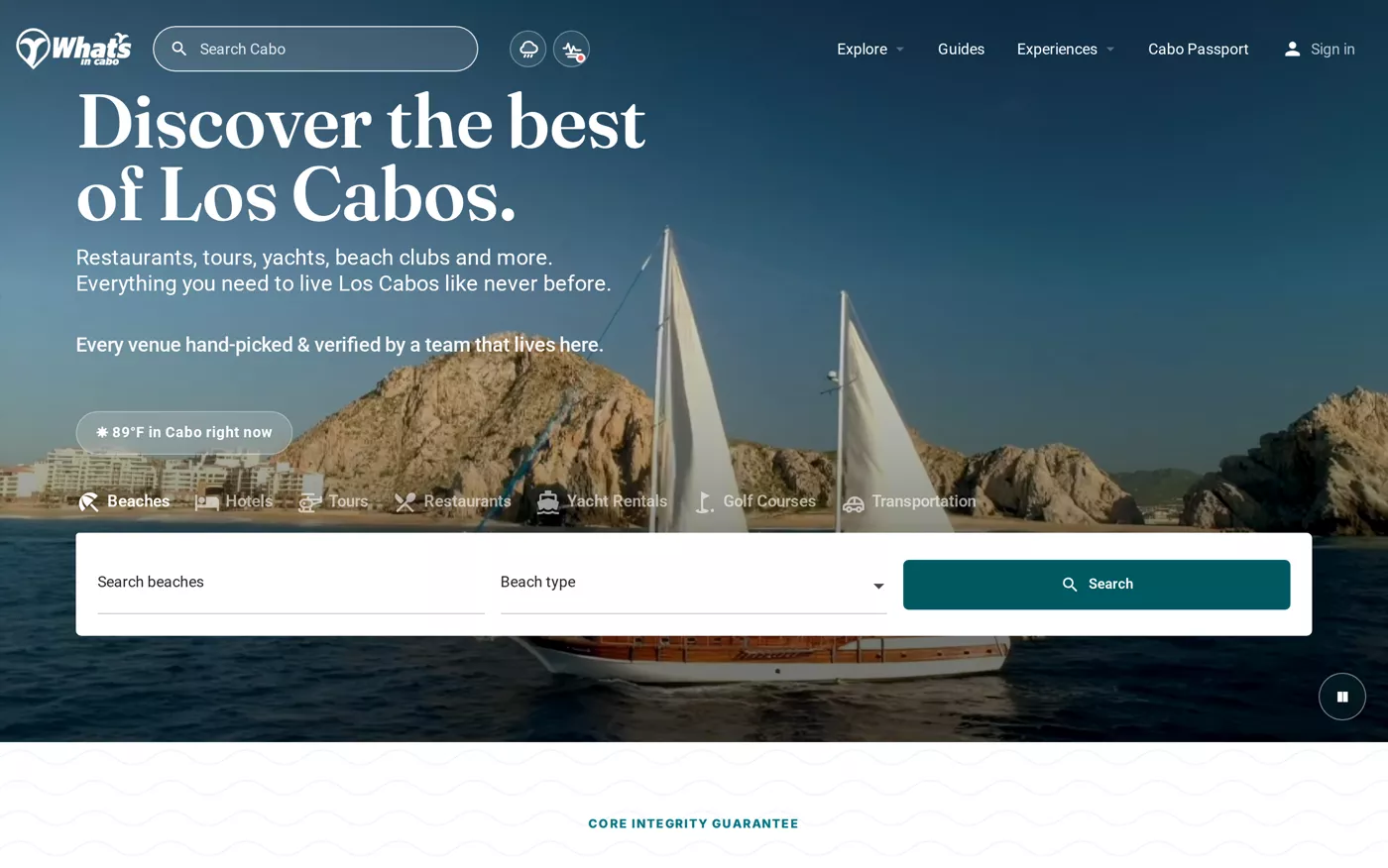What's in Cabo hero with live weather and search tabs