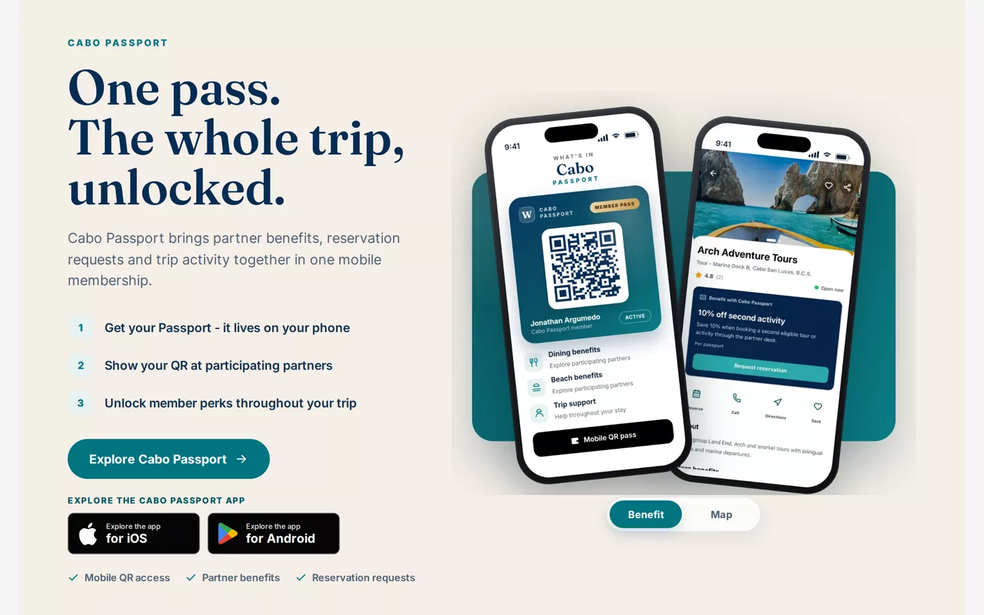 Cabo Passport phone mockups with QR member pass