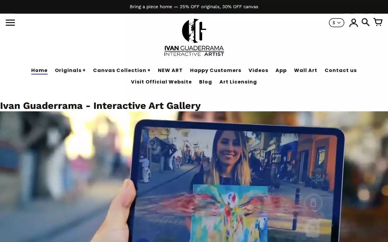 Interactive Art Store hero with AR footage of paintings coming alive