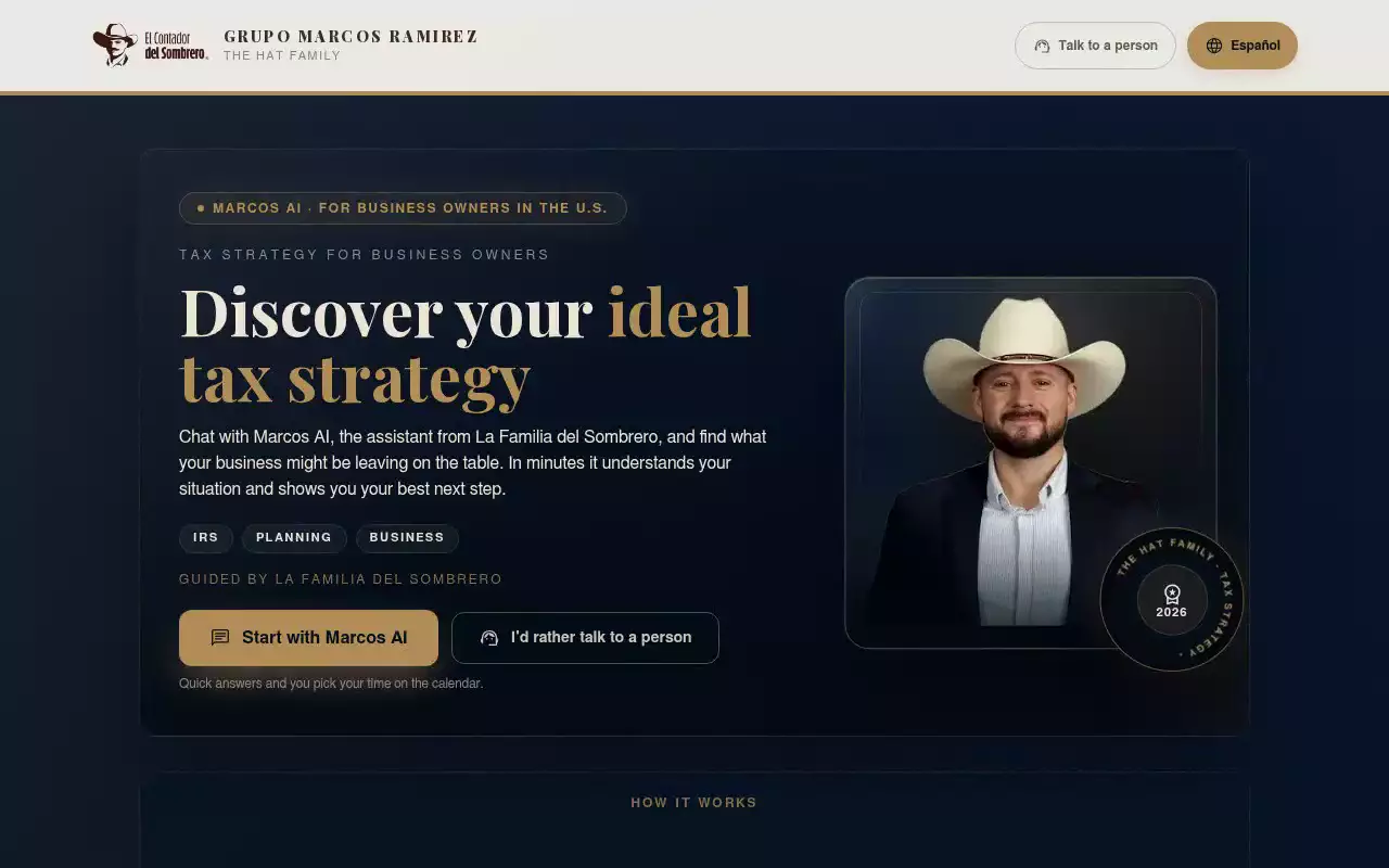 Marcos AI landing with embedded chat concierge